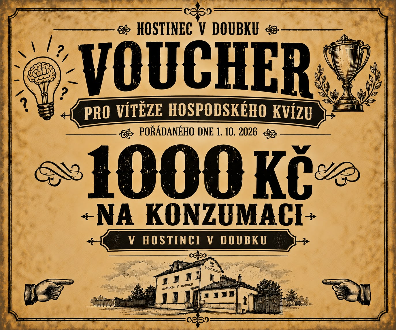 Tento pátek 1.10.2026 od 19:30 bude v Hostinci v Doubku “Hospodský kvíz” s odměnou pro vítězný tým!